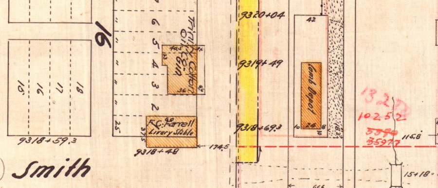 1908-09 Railroad Reservation map showing location of Farrell Livery Stable